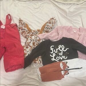 Baby Clothing Set with Red Overalls and Fox Leggings